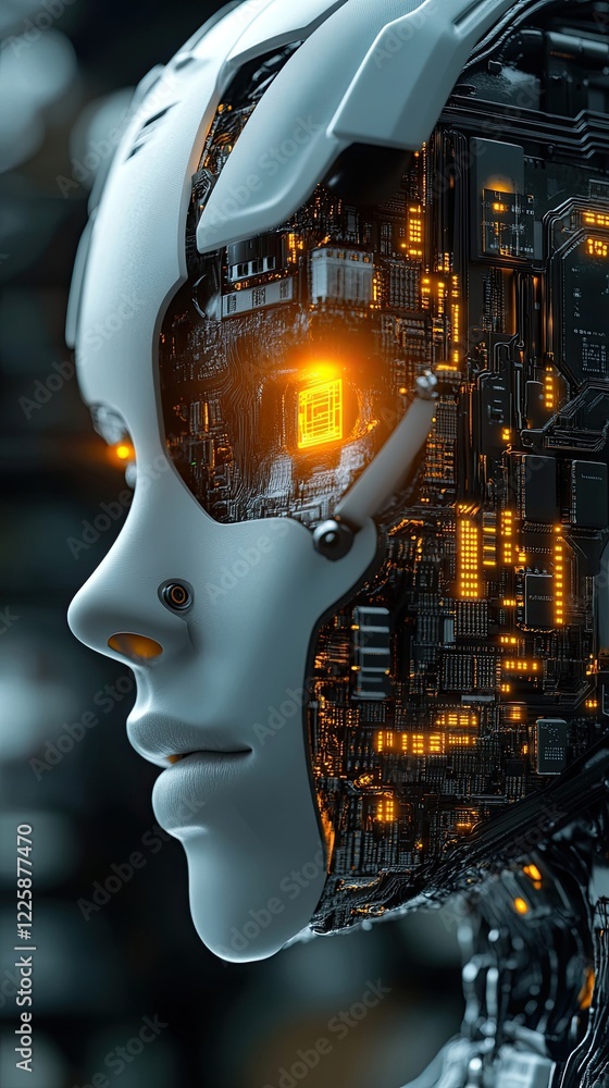 Poster futuristic robot with glowing circuits showcasing advanced technology and artificial intelligence