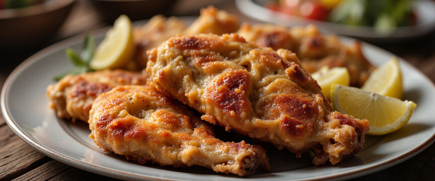 Crispy traditional backhendl on rustic plate with lemon, Austrian cuisine