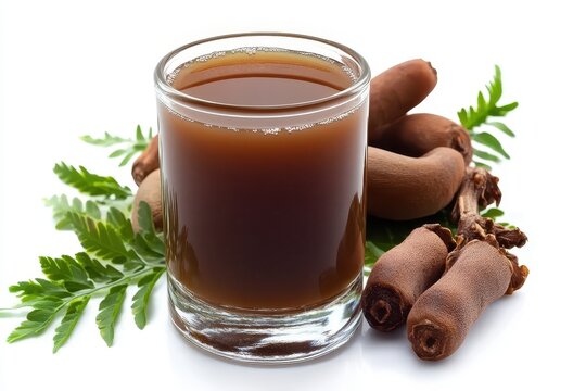 Tamarind juice with fruits and leaves on white background