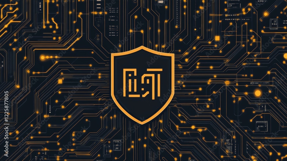 Poster abstract technology circuit board background with shield symbols concept of data protection and cybe