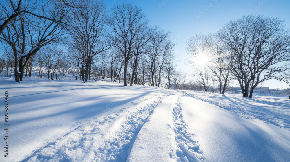 Canvas Prints snow-covered path winding through bare trees, casting long shadows on the pristine snow, while sunli