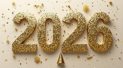 Sparkling "2026" Typography with Gold Confetti and Party Decor