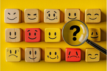 Wooden and colorful square blocks with various emoji faces on a yellow background. A magnifying glass highlights a question mark. Concept of emotions, mental health, decision-making, and individuality