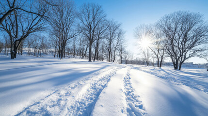 Snow-covered path winding through bare trees, casting long shadows on the pristine snow, while sunlight filters through branches against a backdrop of clear blue sky on a winter day