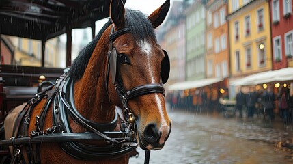 Obraz premium Charming horse waits patiently in historic town square during light rain surrounded by colorful buildings