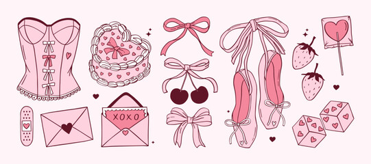 Coquette Pink Valentines day hand drawn set. Cherry, trendy bows, heart shaped cake, lollipop, love letter, envelope, ballet shoes, kawaii strawberries, corset, dice. Vector girly vintage illustration © aisoneee
