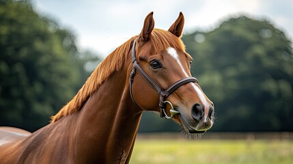 Obraz premium Beautiful chestnut horse posing in a sunny field surrounded by trees in summer