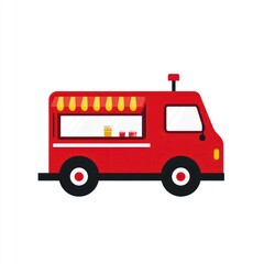 Red food truck, side view, simple illustration, against white background, for menu or advertisement
