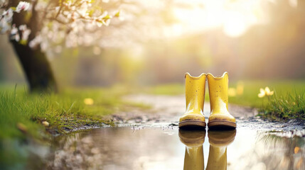 Yellow rubber boots stand in a puddle reflecting a blooming tree in a garden during a sunny spring day, creating a cheerful and idyllic scene