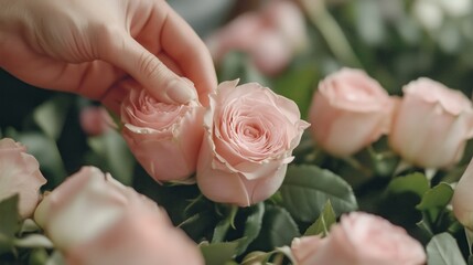 Florist carefully makes a bouquet of pink roses in the flower shop.