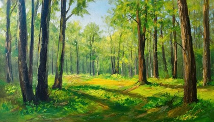 Fototapeta premium Vibrant Sunlit Green Deciduous Forest Scene, Capturing the Essence of a Summers Day in Natures Glory