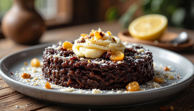 Finnish m&auml;mmi dessert with cream and orange zest, cozy dining atmosphere