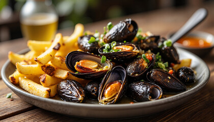 Fototapeta premium Savory traditional moules-frites with crispy fries, Belgian comfort food