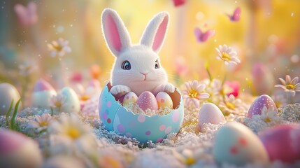 Obraz premium A cute Easter bunny inside an open, colorful egg with flowers and eggs around it.