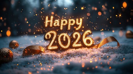 Happy 2026 Text with Snow and Golden Ribbons