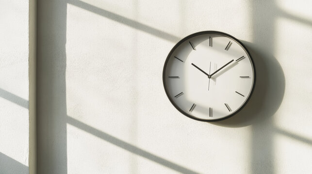 Minimalist round clock hanging on a white wall with window light creating soft shadows and plenty of copy space, perfect for time management and productivity concepts - Powered by Adobe
