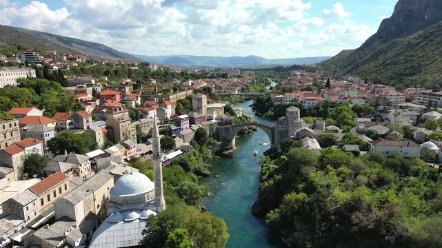 Panoramic aerial view of the Old Town and the Old Bridge in Mostar, Bosnia and Herzegovina