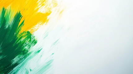 Dynamic fisheye angle capturing expressive brushwork in green and yellow tones with vibrant textures on a white canvas, creating an appealing abstract composition