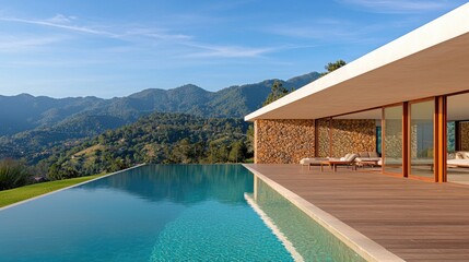 Fototapeta premium Modern luxury villa with an infinity swimming pool and wooden deck overlooking scenic green mountains under a clear blue sky.