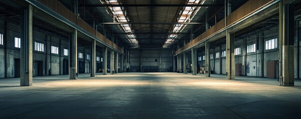 Obraz premium Empty warehouse interior with sunlight shining through windows