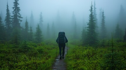 Obraz premium Hiker navigates a misty forest trail surrounded by tall evergreen trees during a foggy morning