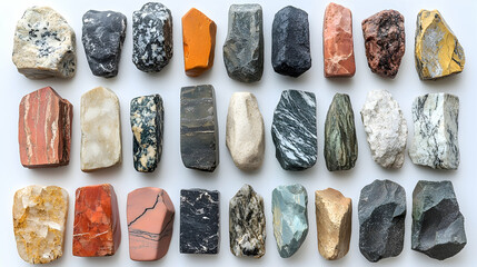 Colorful rock collection, geology samples, arranged on white background, education resource