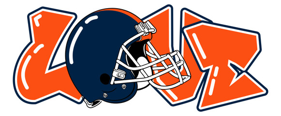 love - orange and navy blue football player helmet, sport vector graphics, hockey, for street art - graffiti lettering typography - art illustration - multicolor - writen	


