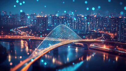 Obraz premium A network of holographic bridges connecting distinct business sectors showcasing the synergy between startups and established companies driving economic synergy and progress.