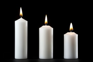 three differently sized white candles burning