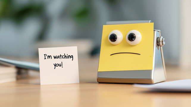 Funny office surveillance concept featuring a stapler with googly eyes and a sticky note with the message I'm watching you, placed on a wooden desk