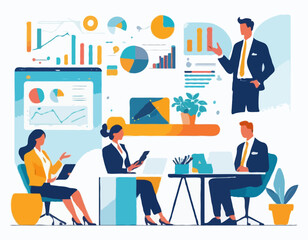 set business flat vector illustration design cartoon character working action style concept. online video conference meeting. business planning. data analytics. finance investment.