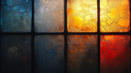 Frosted glass panes, warm light, winter scene, abstract background