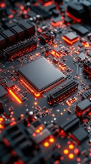 Obraz premium High-tech circuit board with glowing components illuminated in red hues in a dark setting