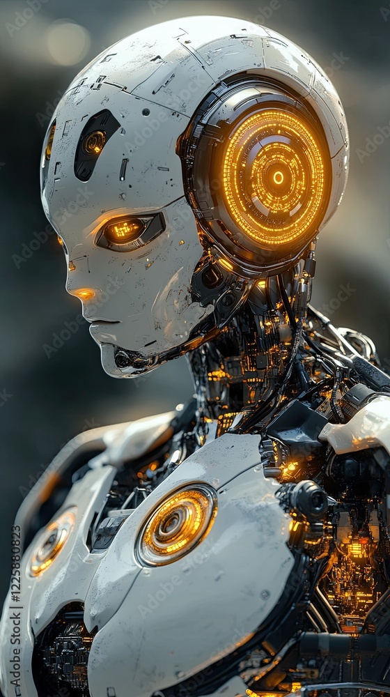 Poster detailed robot design showcasing advanced technology and intricate features in a futuristic setting