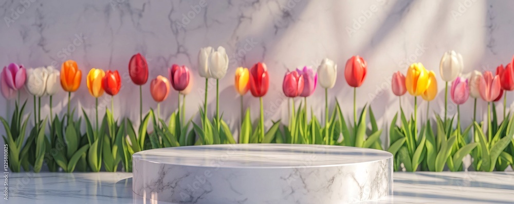 Poster round empty marble podium displaying on tulip flower field background
