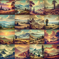 Beautiful landscapes 60s vintage style. AI generated illustration