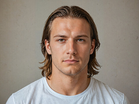 Retrato de un hombre de piel blanca con cabello corto de pie en el interior de una habitaci&oacute;n vistiendo una camiseta blanca casual 