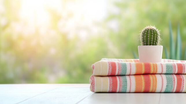 Folded multicolored striped mexican zarape draping over white surface, small potted cactus resting alongside, sunlight highlighting textured fabric against soft-focus background