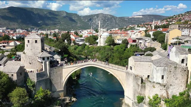 Drone flight over the Old Bridge in Mostar, Bosnia and Herzegovina