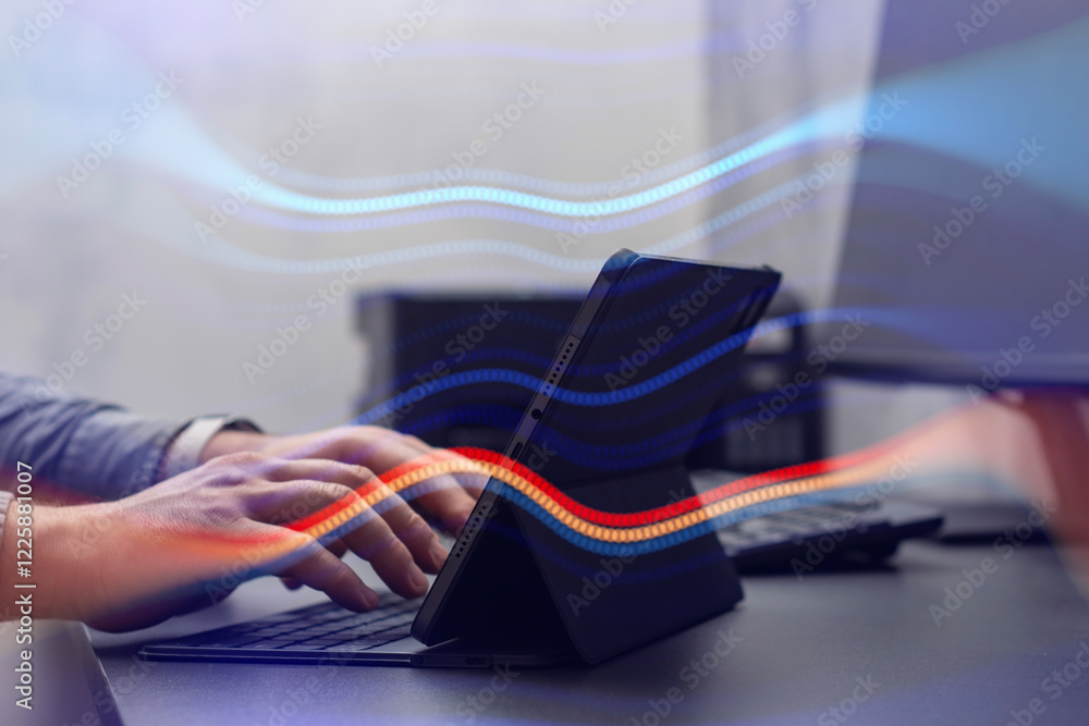 Poster person interacting with a tablet device with abstract network effects, symbolizing modern technology