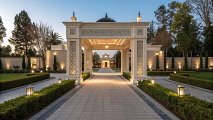 A beautifully designed monument sign at the entrance framed by wider pathways that promote a welcoming atmosphere and ease of access.