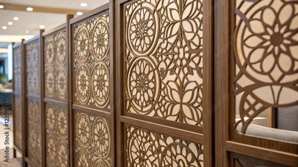 Aufkleber A closeup image of a contemporary partition screen adorned with artistic patterns that provide privacy while enhancing the aesthetic of the waiting area.