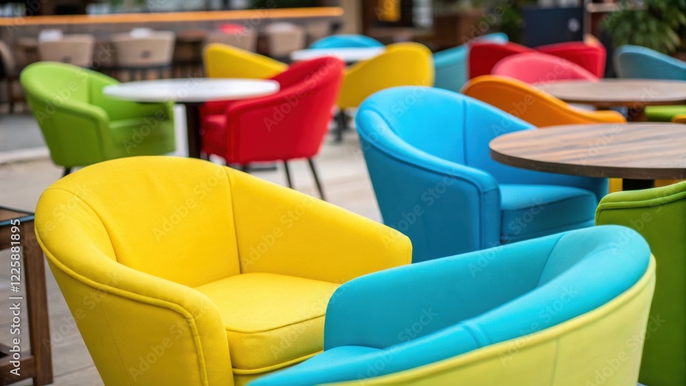 Poster A closeup highlighting the playful configuration of lounge chairs in different shapes and sizes upholstered in bright colors inviting a casual and relaxed dining environment.