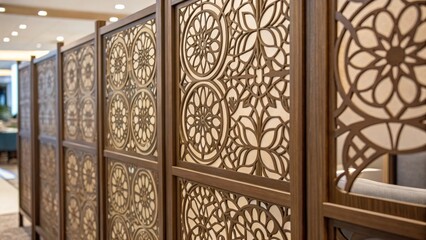 A closeup image of a contemporary partition screen adorned with artistic patterns that provide privacy while enhancing the aesthetic of the waiting area.
