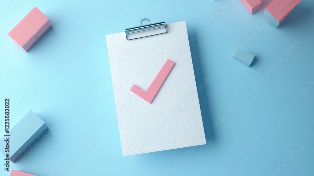 Poster 3d minimal business documents note paper with checkmark or tick mark icon. 3d render