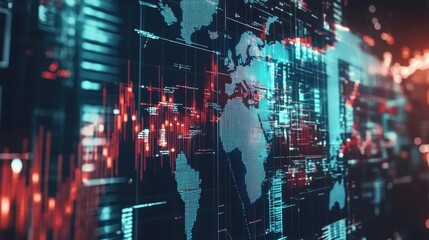 Complex digital network visualizes global data flow, connecting world map with information exchange and processing, creating interconnected system
