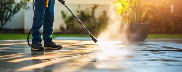 Professional is cleaning a patio with a high pressure washer