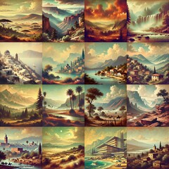 Beautiful landscapes 60s vintage style. AI generated illustration