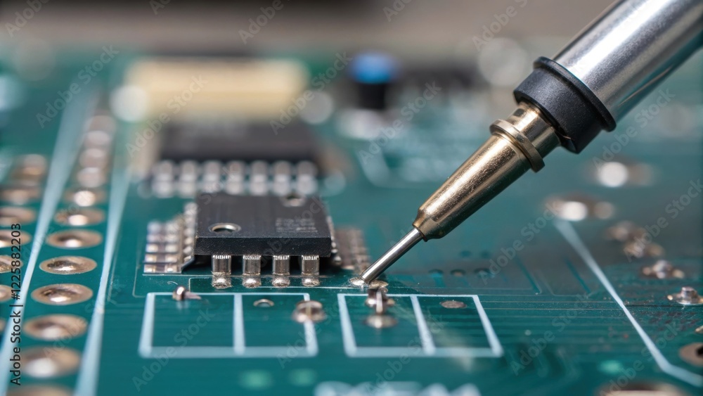 Aufkleber A closeup of a circuit being soldered onto a DIY electronics kit highlighting the delicate components and the precision required in creating interactive technological experiences.