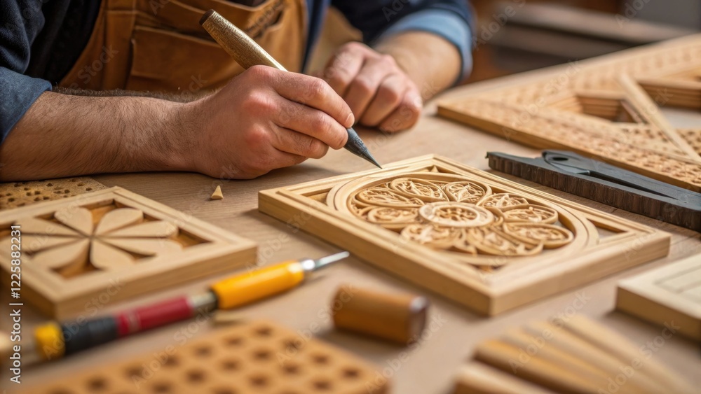 Poster a closeup of a craftsman carving intricate wooden pieces for a handson engineering challenge surroun